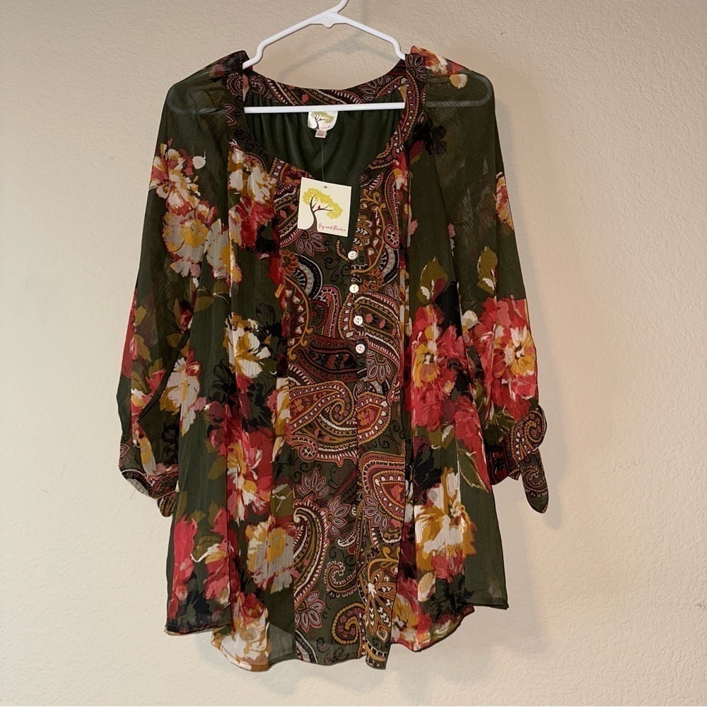 3/$25 Fig & Flower Fall Floral Sheer 3/4 Sleeves Tunic Blouse - Plus Size XXL - Picture 5 of 9